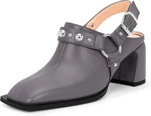 100FIXEO Women's Block Heel Slingback Pumps Studded Strap Buckle Square Toe Comfortable Shoes