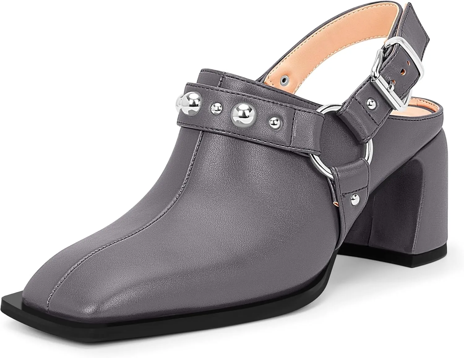 100FIXEO Women's Block Heel Slingback Pumps Studded Strap Buckle Square Toe Comfortable Shoes