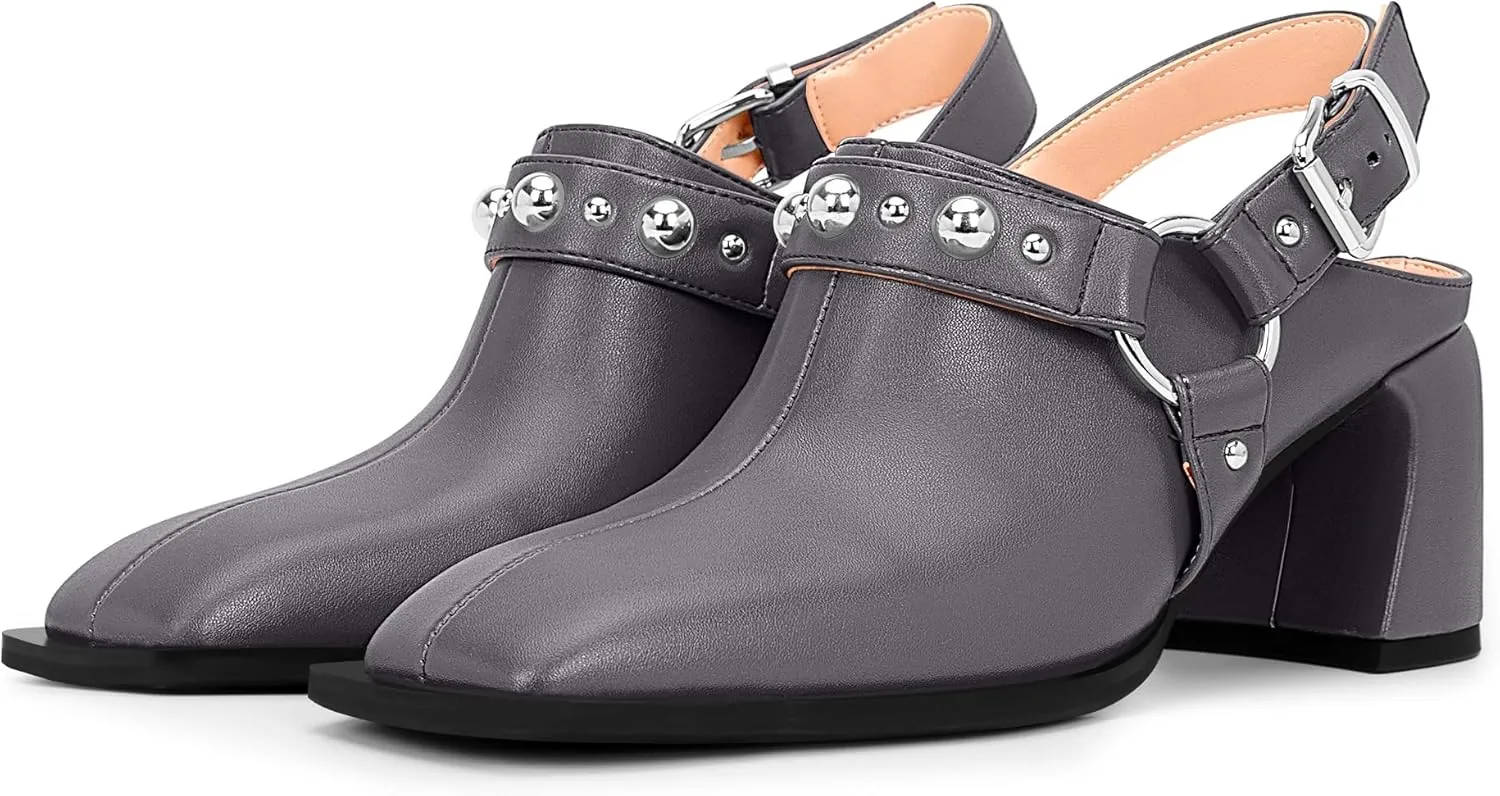 100FIXEO Women's Block Heel Slingback Pumps Studded Strap Buckle Square Toe Comfortable Shoes