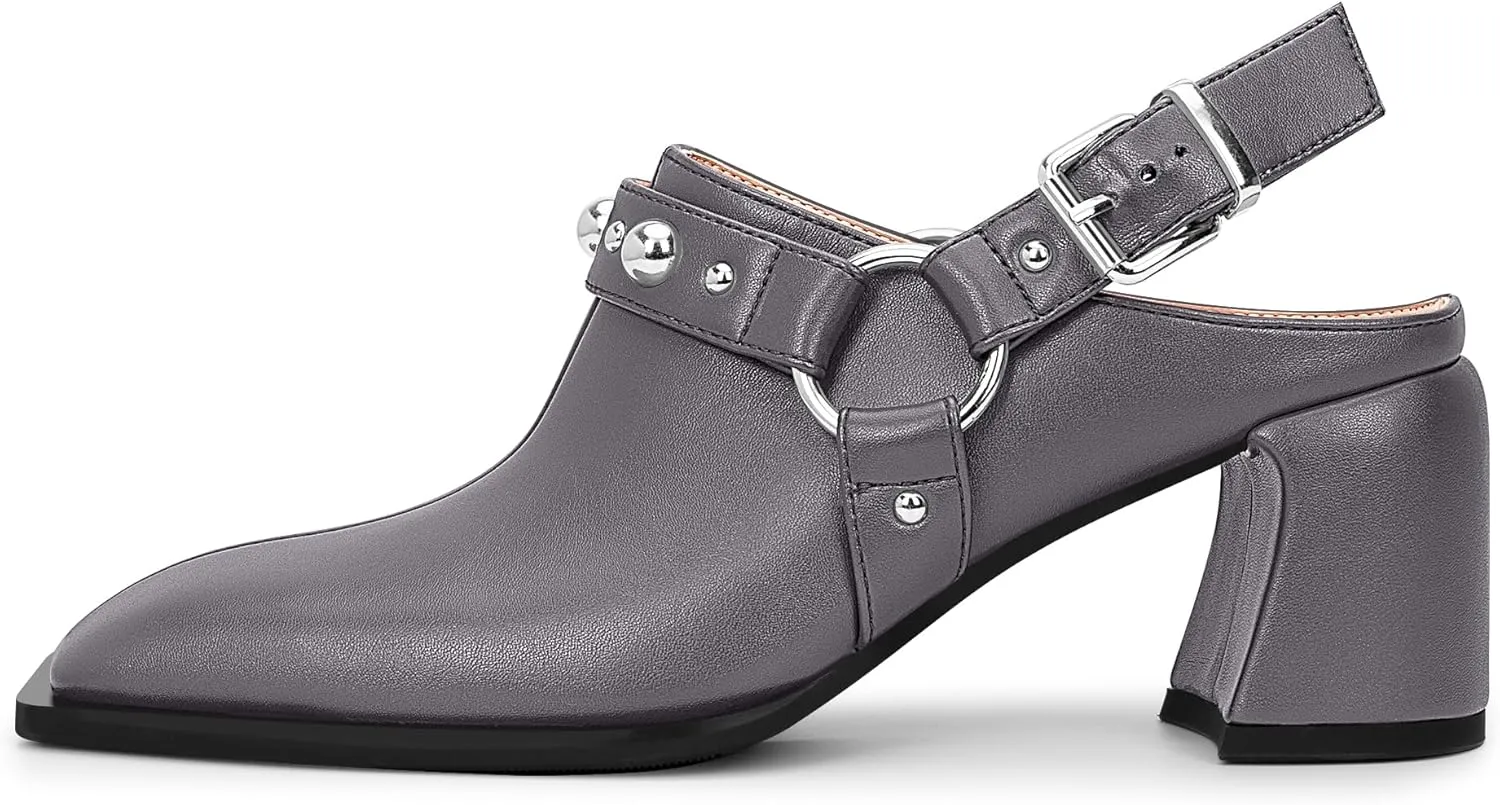 100FIXEO Women's Block Heel Slingback Pumps Studded Strap Buckle Square Toe Comfortable Shoes