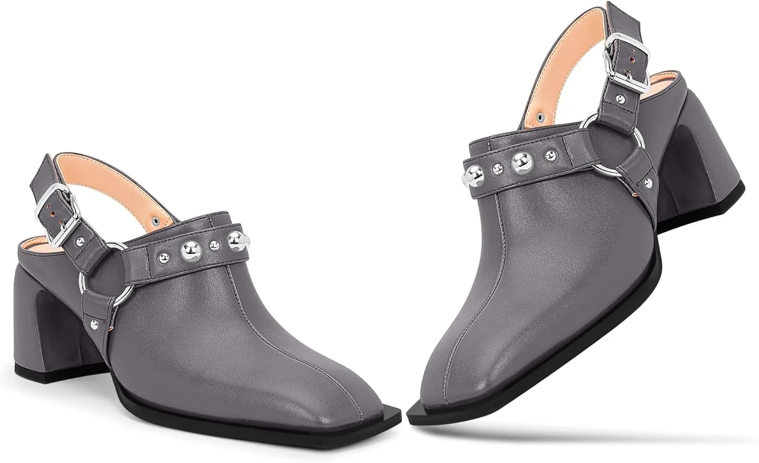 100FIXEO Women's Block Heel Slingback Pumps Studded Strap Buckle Square Toe Comfortable Shoes