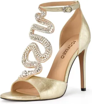 100FIXEO Women's Elegant Gold Rhinestone Snake T-Strap Open Toe High Heels Stiletto Heeled Sandals Peep Toe Sexy Party Shoes