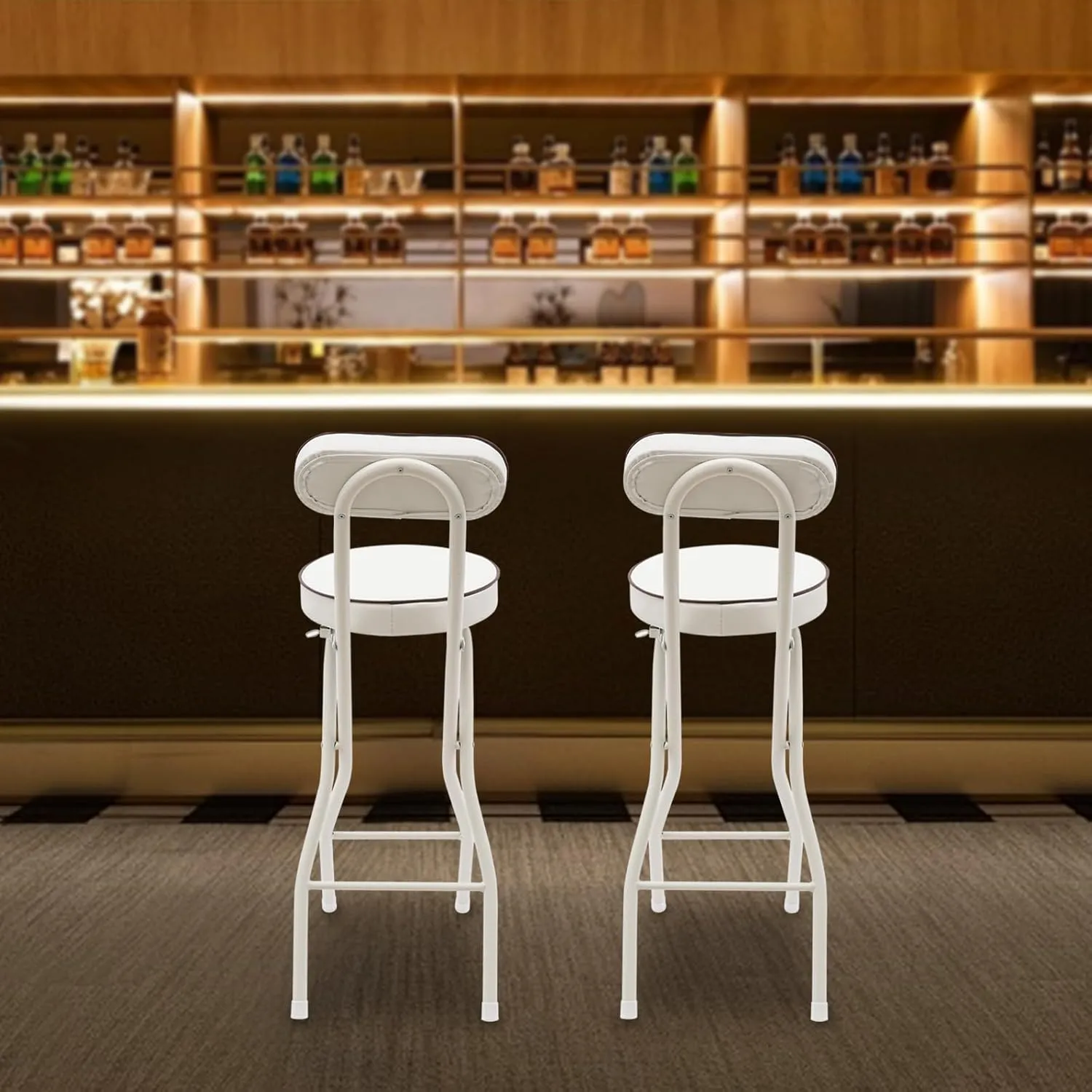 2 Pcs Folding Bar Stool with Backrest, 25.6 Inch Seat Height Portable Bar Tall Chairs with PU Cushioned Padded 275.58 lbs Metal Frame Barstools for Camping Kitchen Home Office (White)