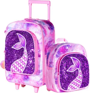 2PCS Kids Luggage, Suitcases for Girls, Carry on Rolling Luggage with Wheels, 18" Toddler Suitcase Set 12" with Sequin Backpack - Pink Mermaid