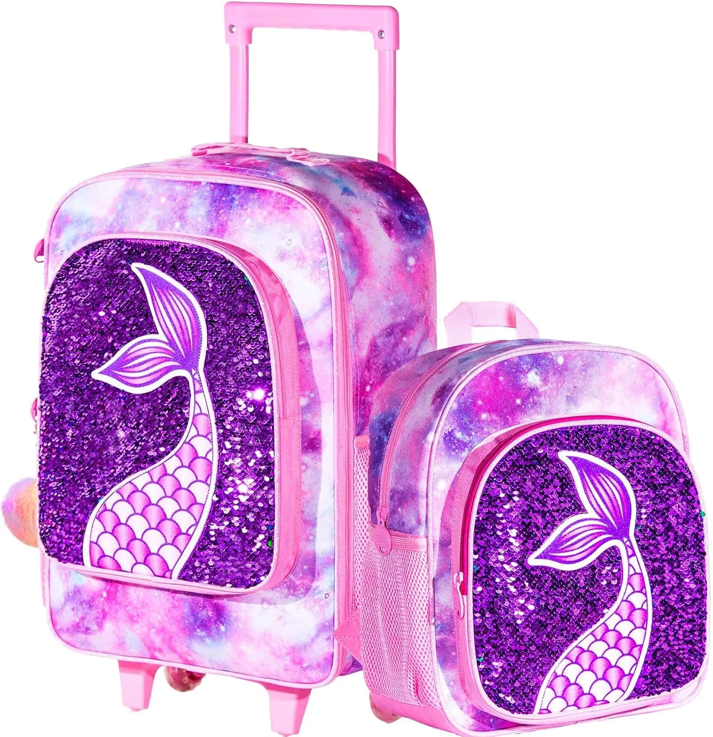 2PCS Kids Luggage, Suitcases for Girls, Carry on Rolling Luggage with Wheels, 18" Toddler Suitcase Set 12" with Sequin Backpack - Pink Mermaid