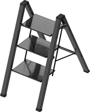 3 Step Ladder, Portable Step Ladder Folding, Lightweight Step Ladder with Anti-Slip Pedal, Aluminum Indoor Ladder and Closet Ladder, Kitchen Ladder, 330lbs - Black