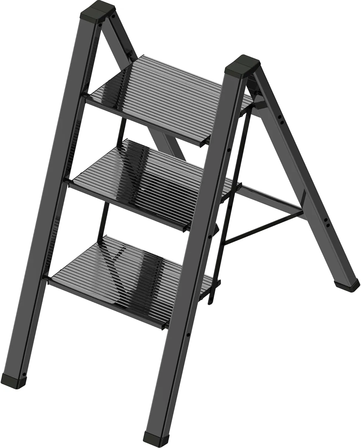 3 Step Ladder, Portable Step Ladder Folding, Lightweight Step Ladder with Anti-Slip Pedal, Aluminum Indoor Ladder and Closet Ladder, Kitchen Ladder, 330lbs - Black