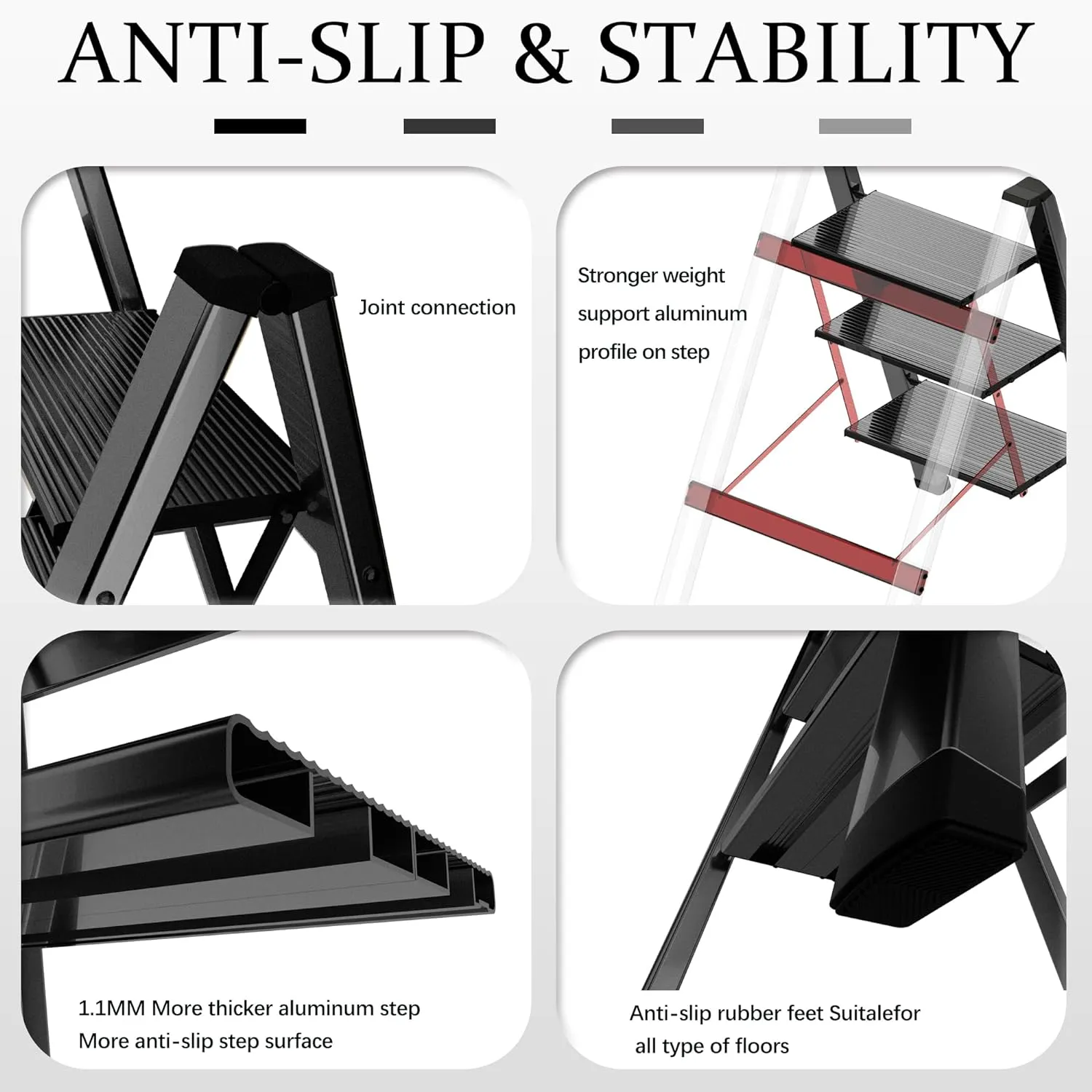3 Step Ladder, Portable Step Ladder Folding, Lightweight Step Ladder with Anti-Slip Pedal, Aluminum Indoor Ladder and Closet Ladder, Kitchen Ladder, 330lbs - Black