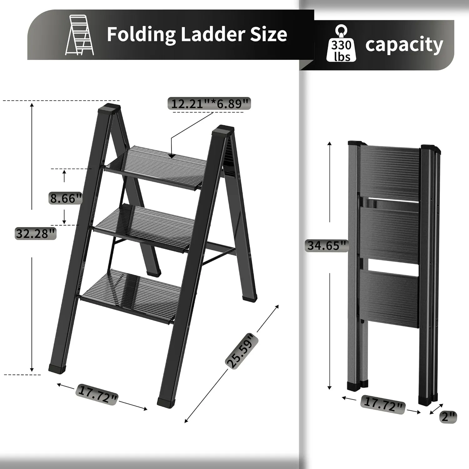 3 Step Ladder, Portable Step Ladder Folding, Lightweight Step Ladder with Anti-Slip Pedal, Aluminum Indoor Ladder and Closet Ladder, Kitchen Ladder, 330lbs - Black