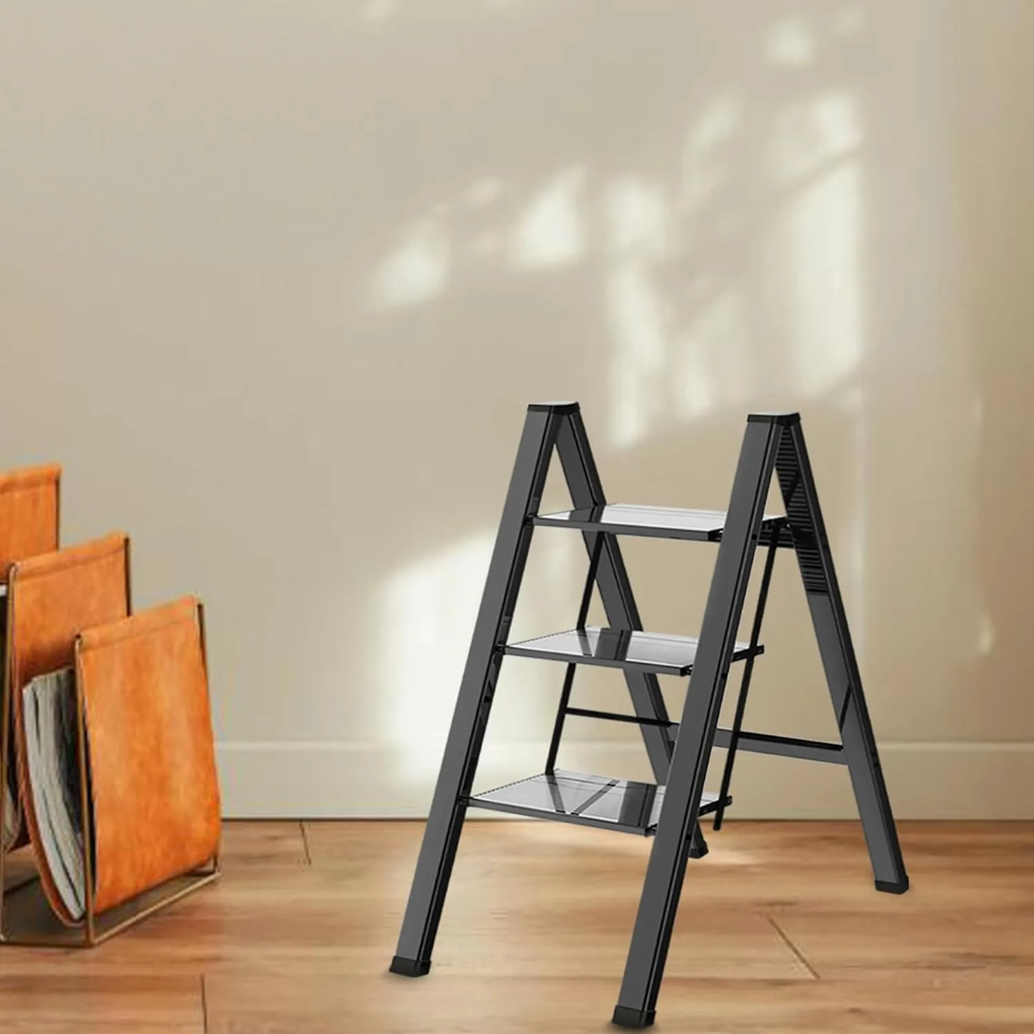 3 Step Ladder, Portable Step Ladder Folding, Lightweight Step Ladder with Anti-Slip Pedal, Aluminum Indoor Ladder and Closet Ladder, Kitchen Ladder, 330lbs - Black