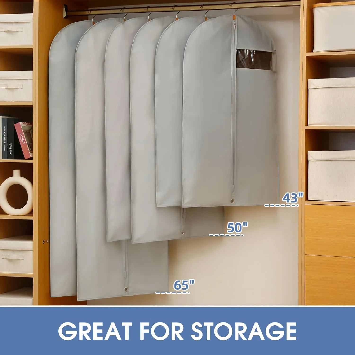 50" Garment Bag, Mens Suit Bags for Closet Storage and Travel, Garment Bags for Hanging Clothes, Foldable Suit Cover Bags with Clear Window for Coats, Jackets, Dresses - Gray/ 5 Packs
