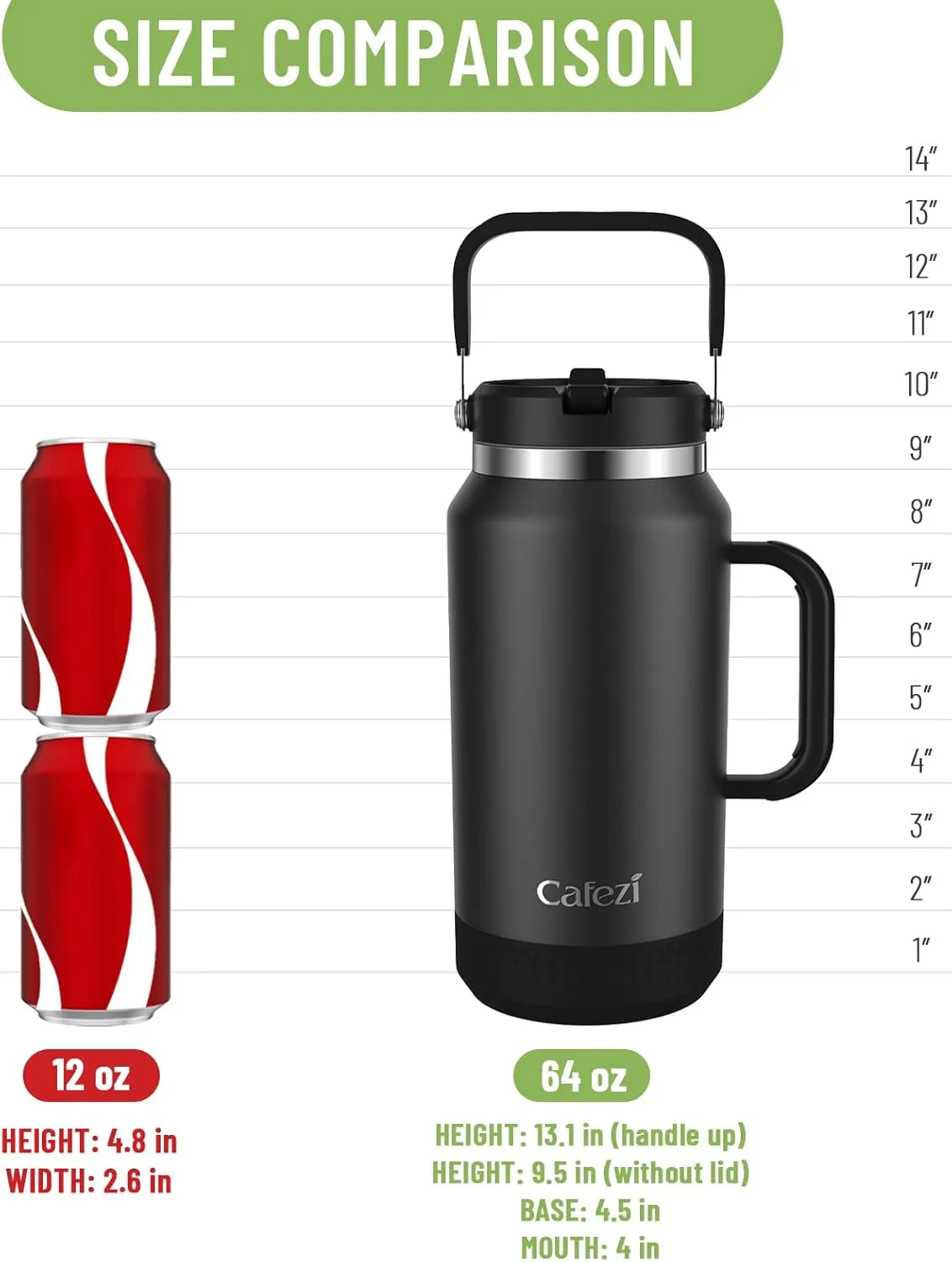 64oz Half Gallon Insulated Water Jug with Flip Straw & Silicone-Grip Handle - Leak-Proof, Sweat-Free, BPA-Free, Iced for 34 Hours, Wide Mouth, Dishwasher Safe, Anti-Slip Base