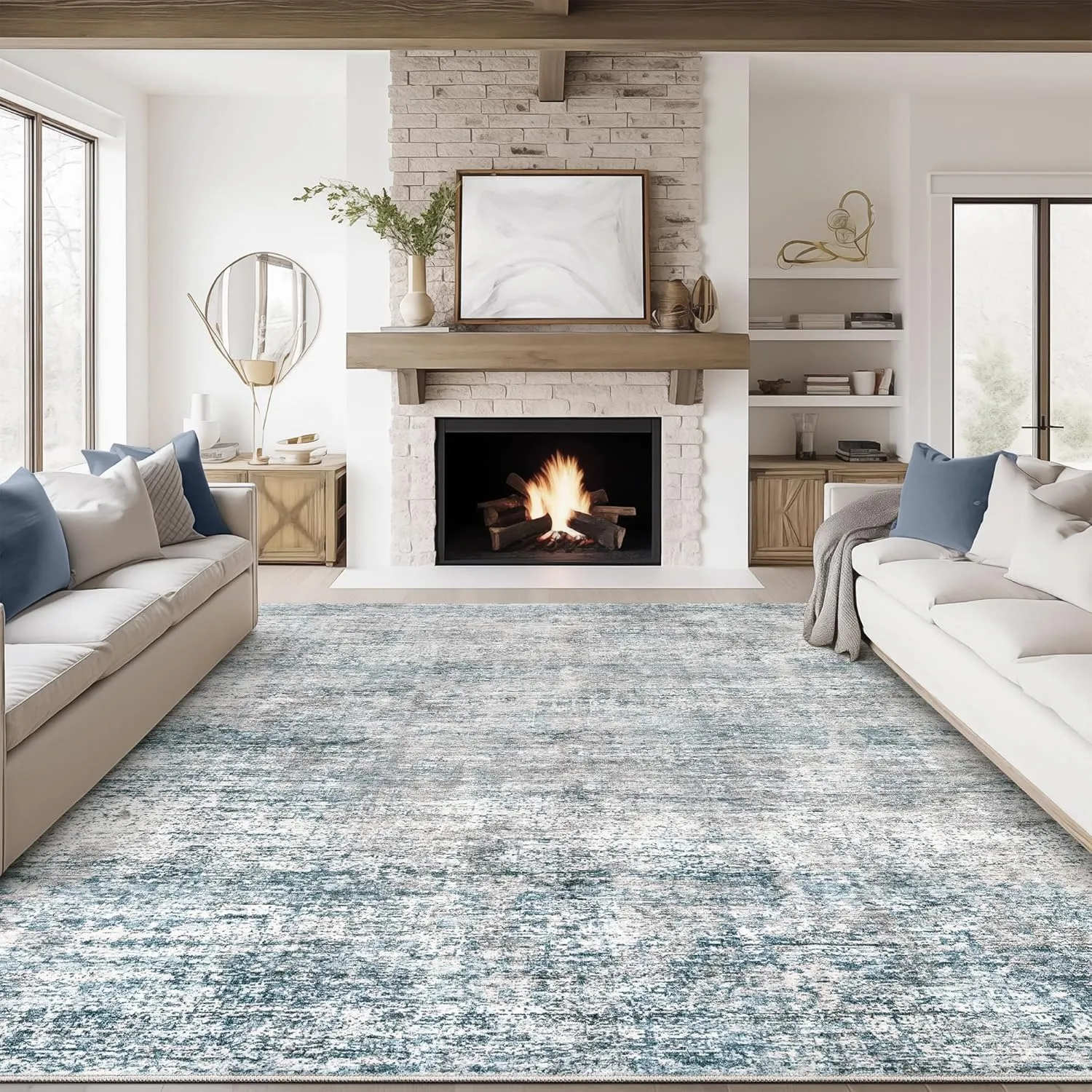 6x9 Washable Rug, Area Rugs Living Room Rug, Modern Abstract Area Rug for Bedroom Stain Resistant Non Slip,Foldable Soft Low Pile Carpet,Blue Gray