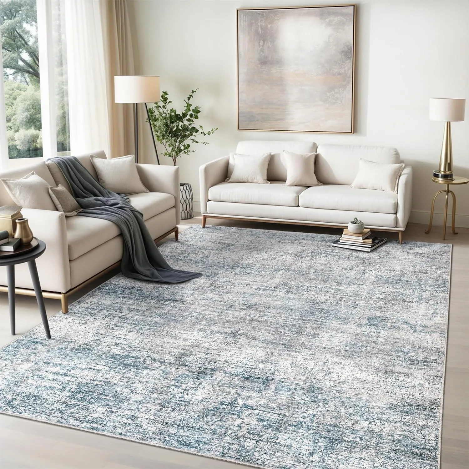6x9 Washable Rug, Area Rugs Living Room Rug, Modern Abstract Area Rug for Bedroom Stain Resistant Non Slip,Foldable Soft Low Pile Carpet,Blue Gray