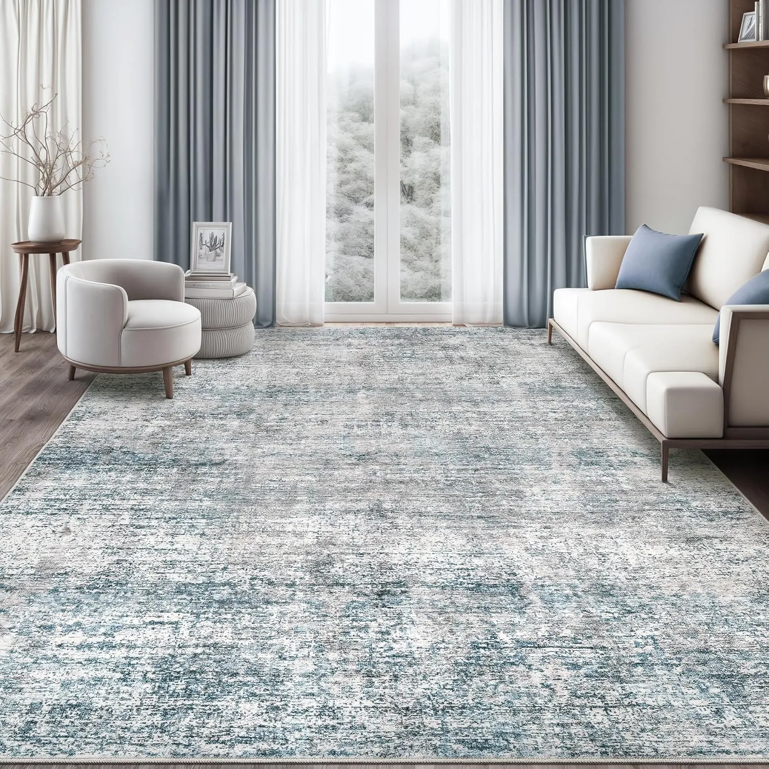 6x9 Washable Rug, Area Rugs Living Room Rug, Modern Abstract Area Rug for Bedroom Stain Resistant Non Slip,Foldable Soft Low Pile Carpet,Blue Gray