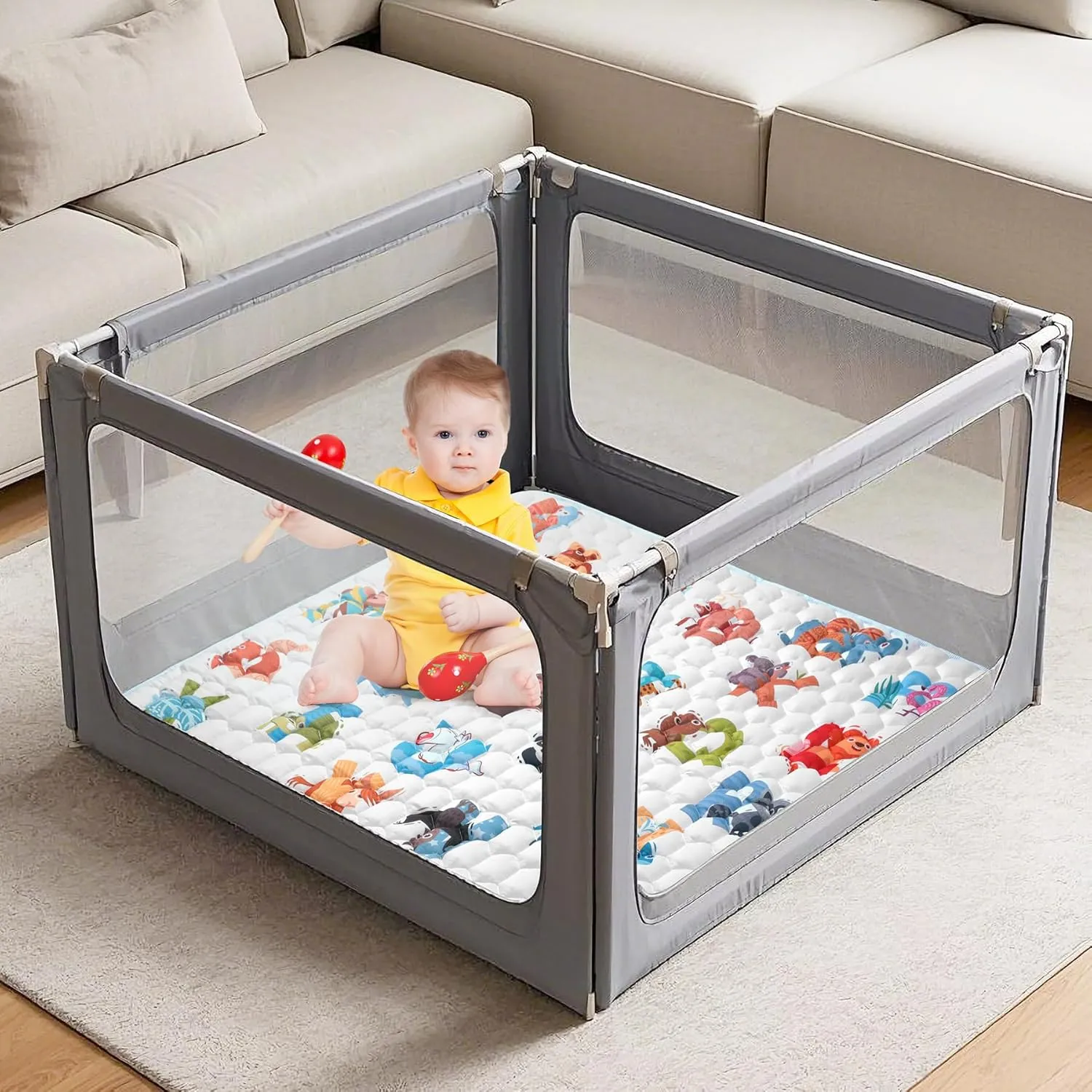 71"x59" Extra Large Baby Play Mat - Premium Thick, Non-Slip & Machine Washable Foam Floor Mat for Infants, Babies & Toddler. Fits Playpens,Spacious Crawling Space, Alphabet Design, Foldable & Odorless