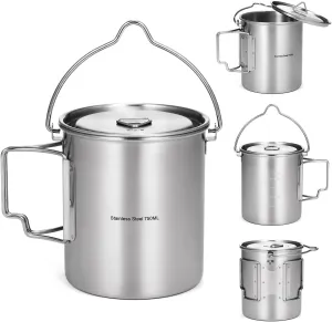 750ml Stainless Steel Cup with Gradation Marks, Foldable Handle, Lid, and Mesh Bag for Camping, Hiking, Picnic (750ml hanging pot)