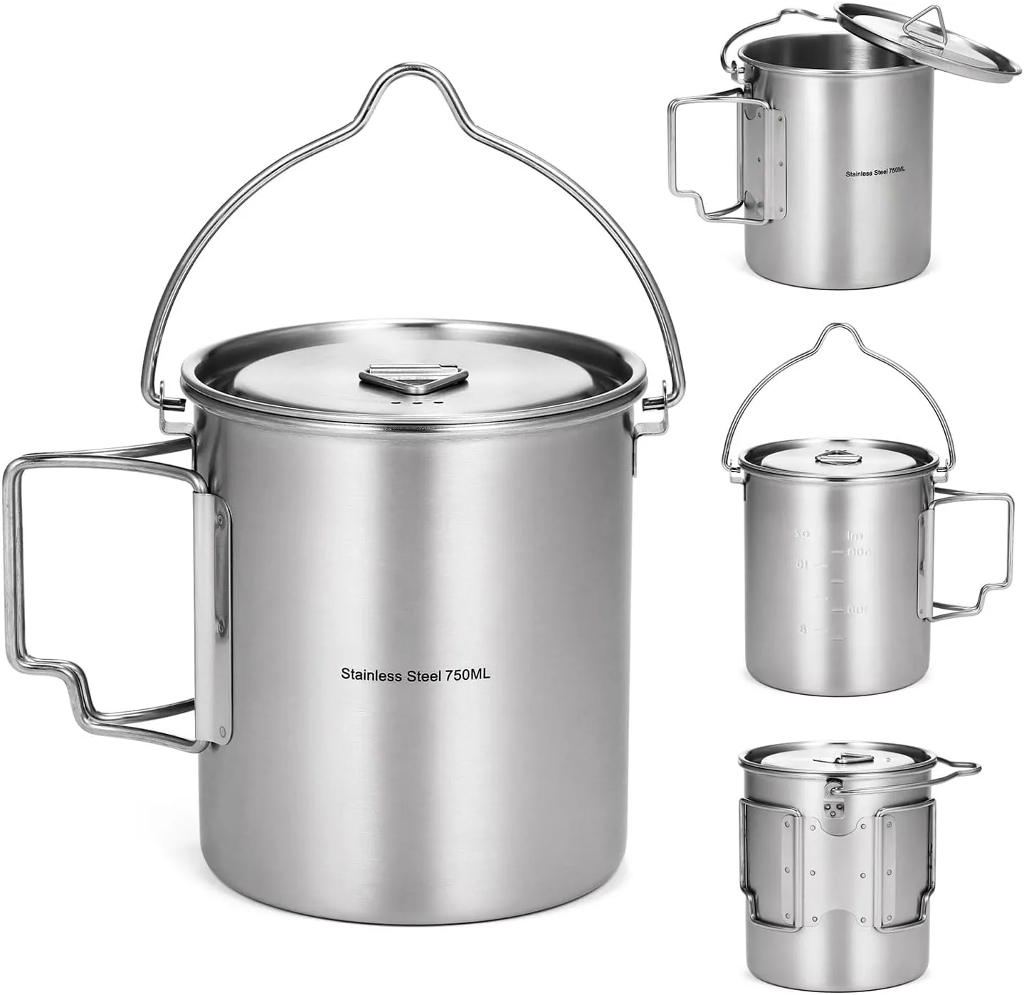 750ml Stainless Steel Cup with Gradation Marks, Foldable Handle, Lid, and Mesh Bag for Camping, Hiking, Picnic (750ml hanging pot)