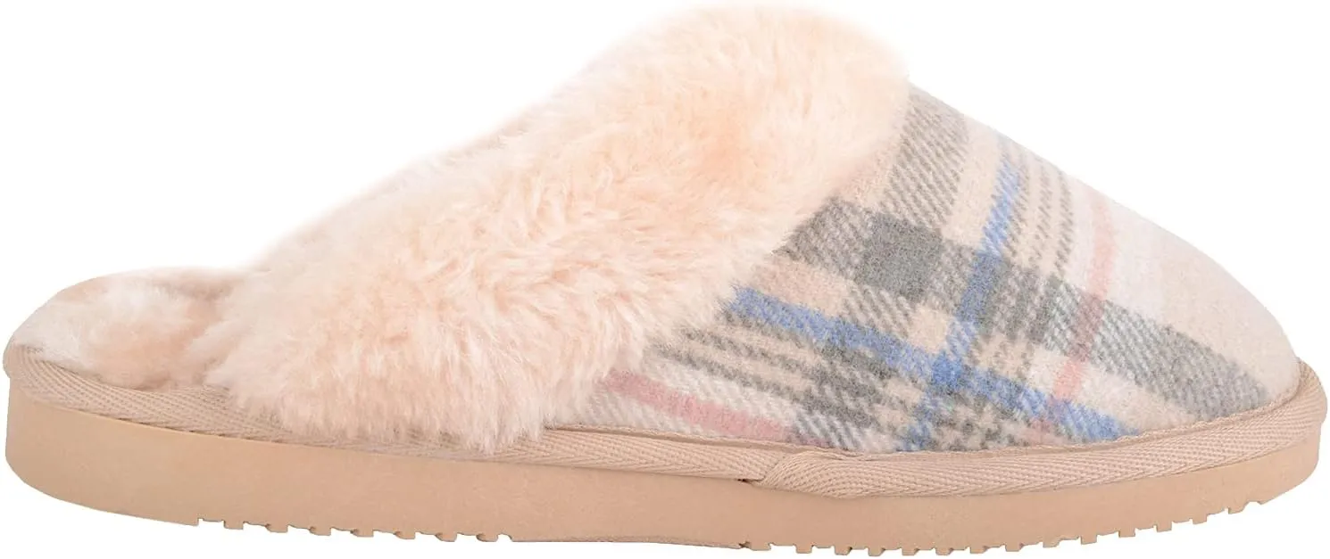 ABSOLUTE FOOTWEAR Womens Slip On Open Back Traditional Tartan Checked Faux Fur Winter Mule Slippers