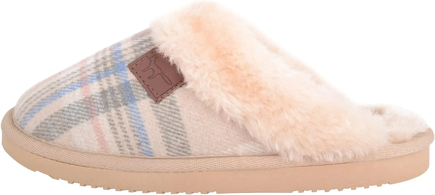 ABSOLUTE FOOTWEAR Womens Slip On Open Back Traditional Tartan Checked Faux Fur Winter Mule Slippers