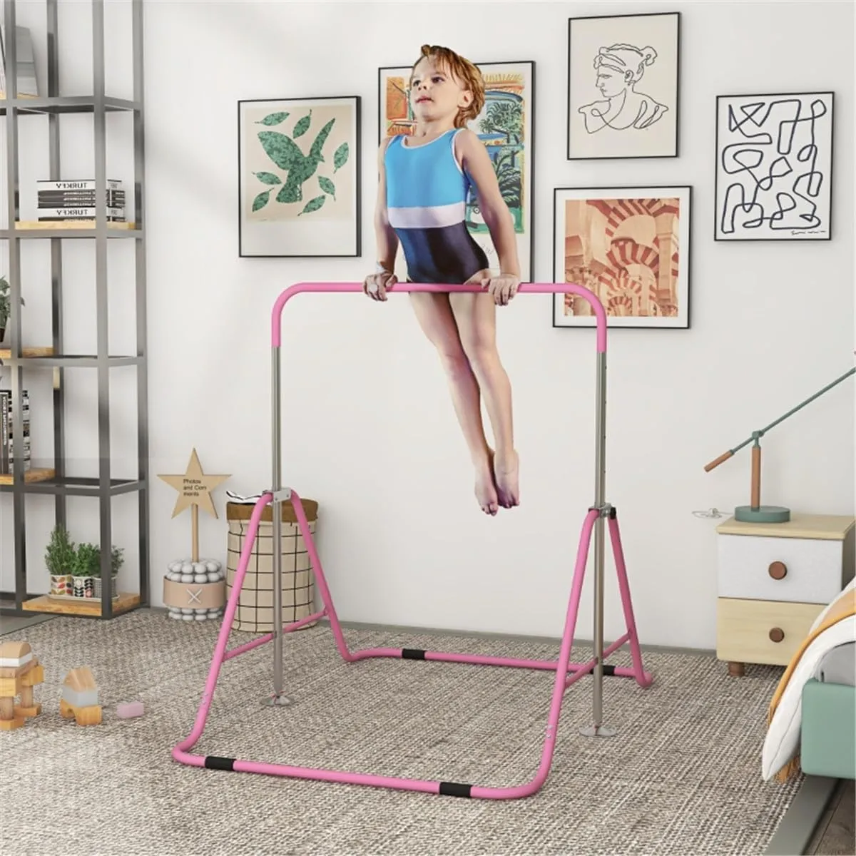 Adjustable Gym Bar for Kids Ages 3-8 | Shock Absorbing, Non-Slip, Space-Saving | Steel Design with Height Adjustments | Perfect for Home Training & Skill Development