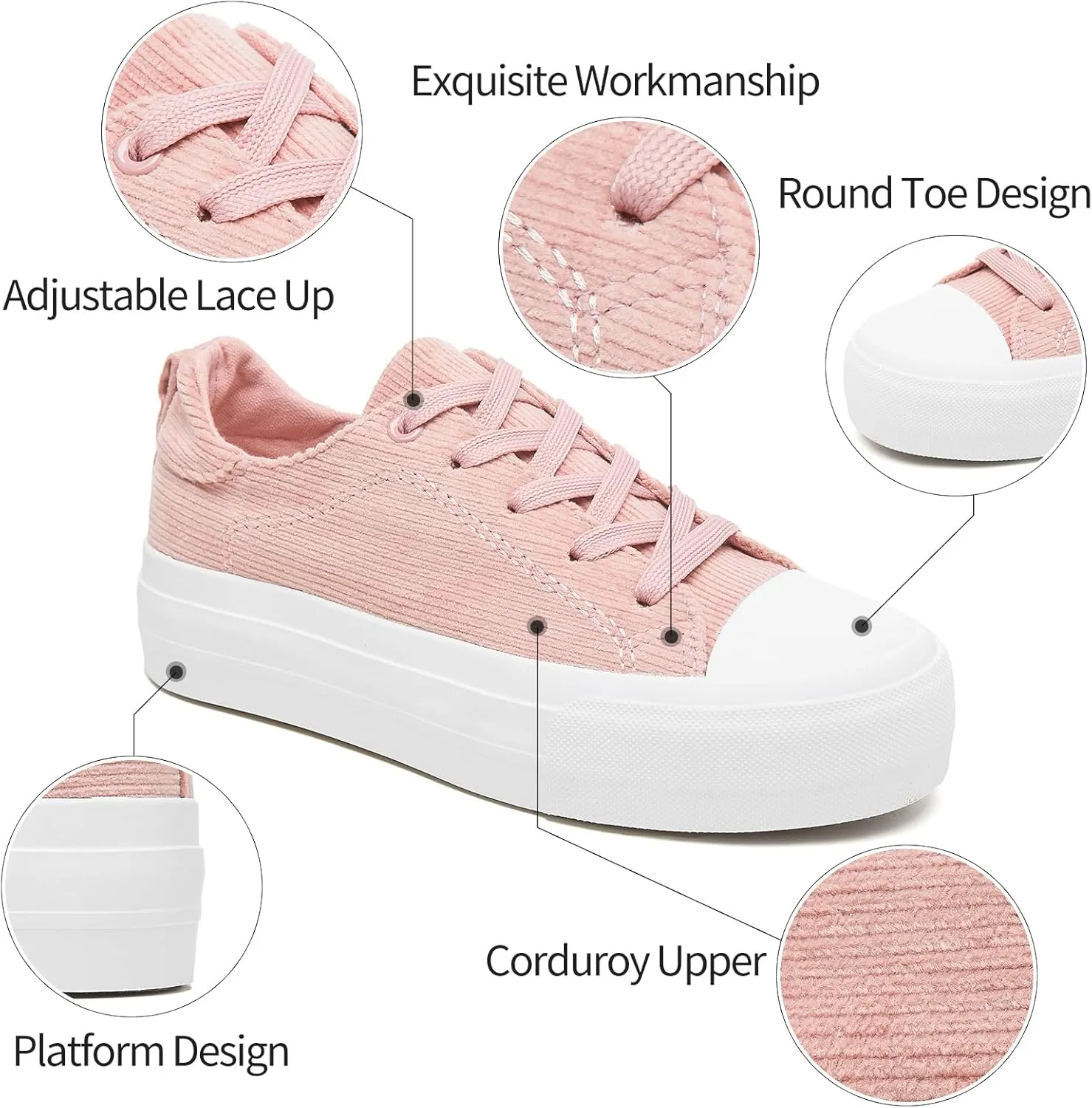 Adokoo Women's Platform Sneakers Corduroy White Sneakers Shoes for Women Black Low Top Lace Up Casual Fashion Walking Shoes
