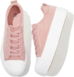 Adokoo Women's Platform Sneakers Corduroy White Sneakers Shoes for Women Black Low Top Lace Up Casual Fashion Walking Shoes