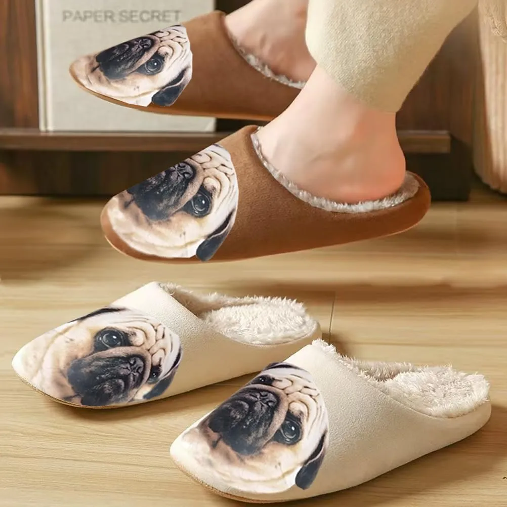 AFISH Unisex Pug Slippers - Soft Cotton Indoor Slip-on Memory Foam Bedroom Pug Gift