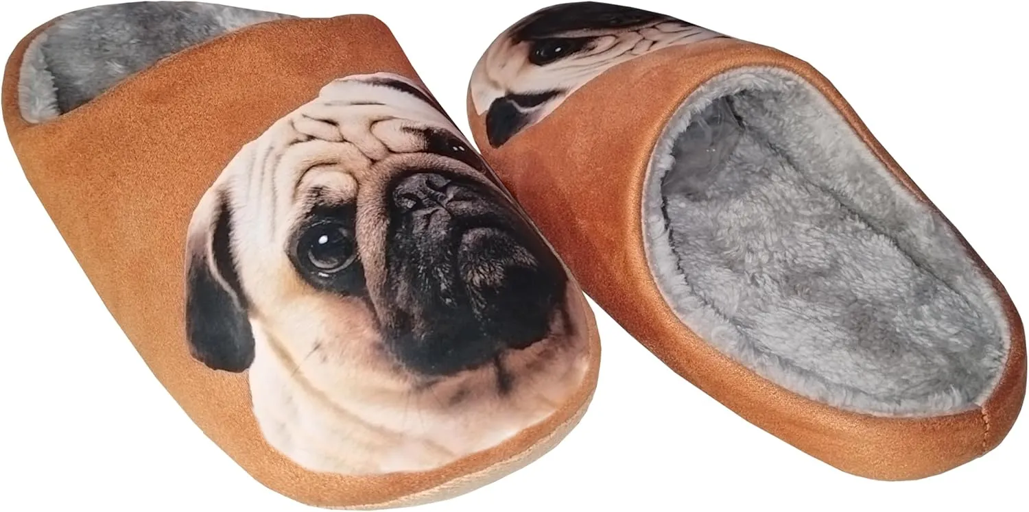 AFISH Unisex Pug Slippers - Soft Cotton Indoor Slip-on Memory Foam Bedroom Pug Gift