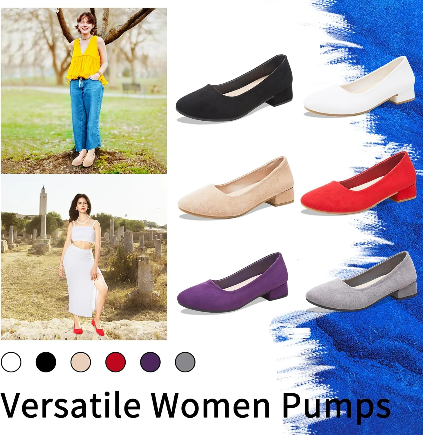 AISFAES Women Pumps Low Chunky Rounded Toe Heels Healed Dress Pumps Elegant Wedges Working Shoes
