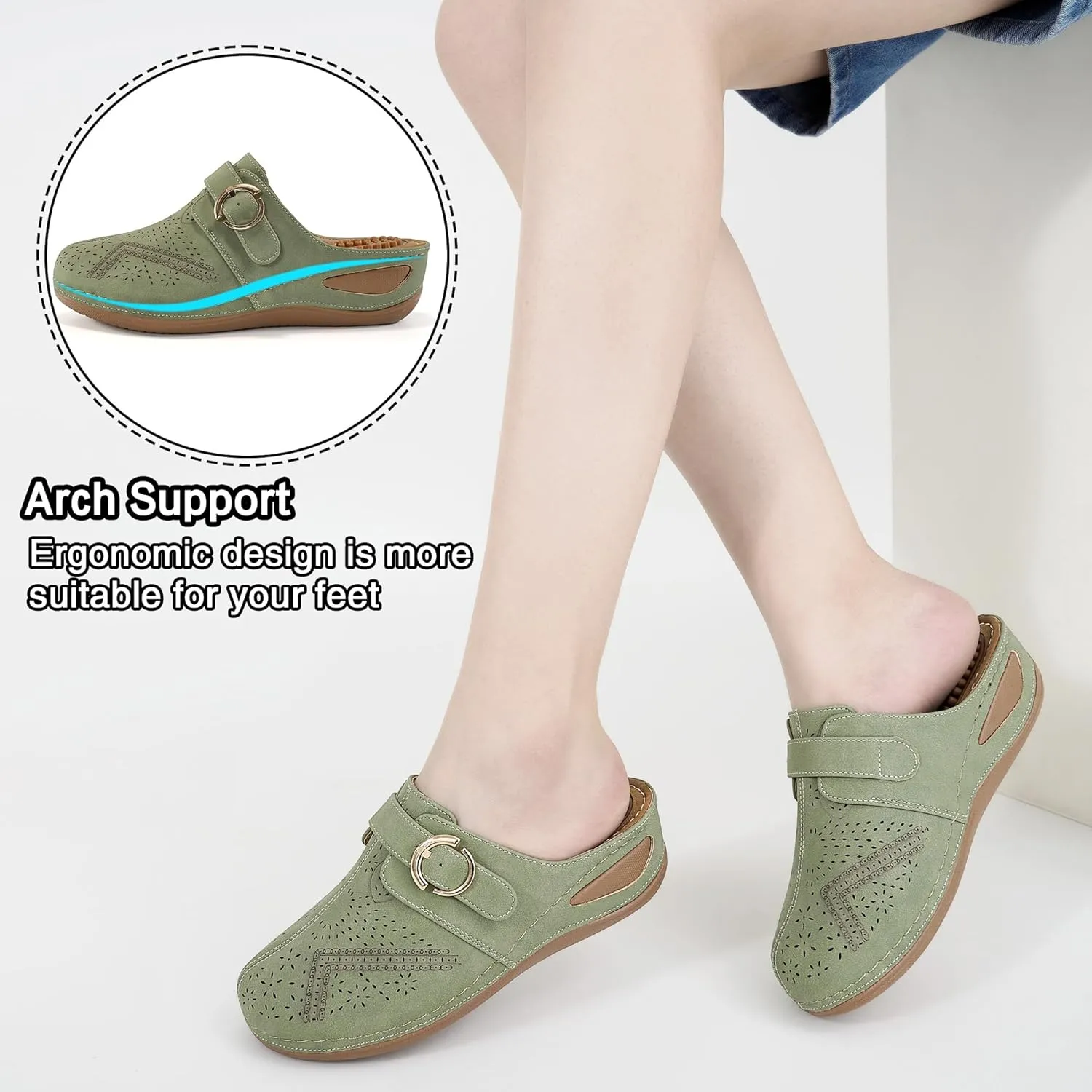 Alicegana Mules for Women Comfort Closed Toe Sandals Summer Slip on Wedge with Adjustable Hook Loop