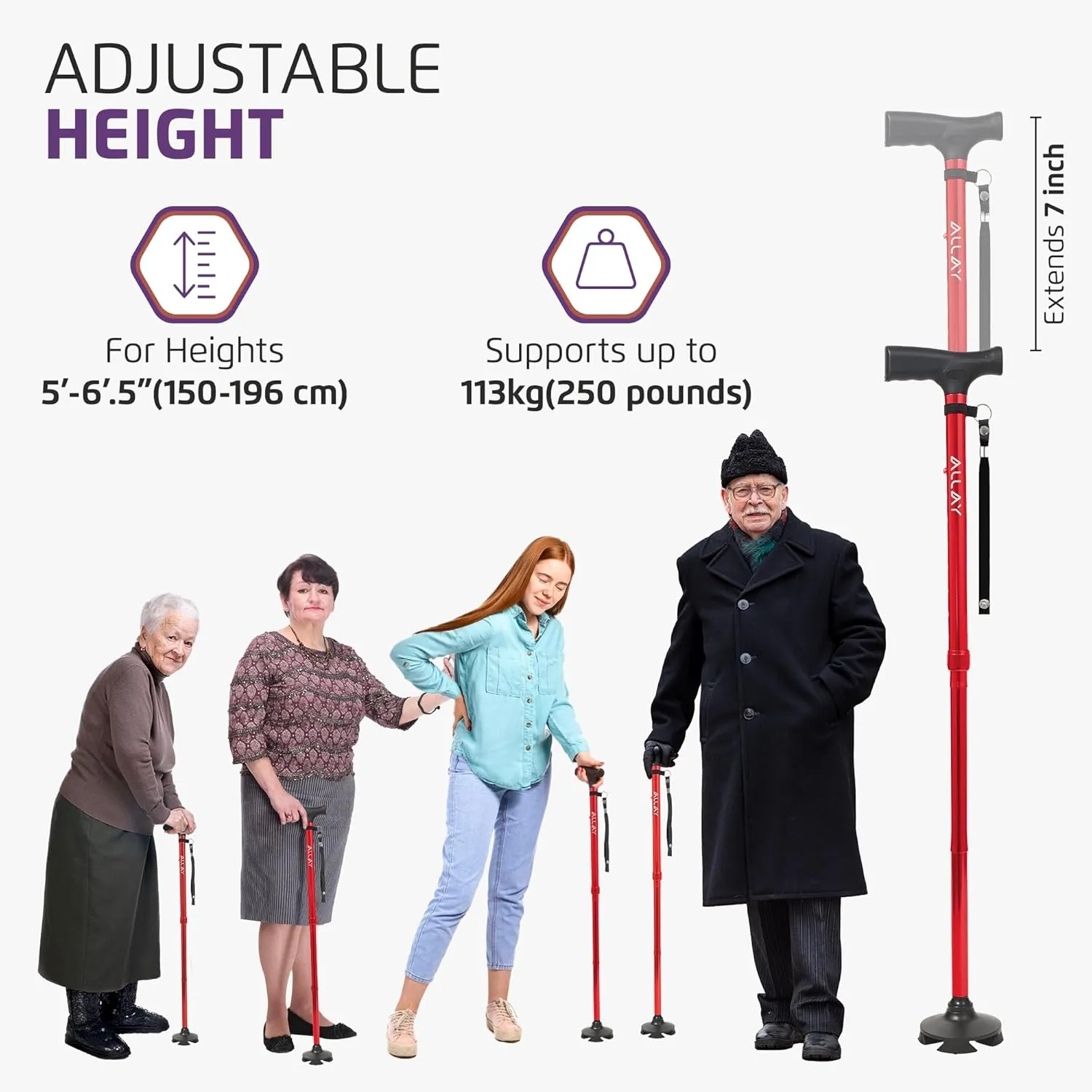Allay Walking Cane for Men & Women - Foldable, Adjustable, Collapsible Walking Canes for Seniors Balance, Free Standing, Pivot Tip, Heavy Duty, with Travel Bag | Walking Sticks for Seniors & Adults