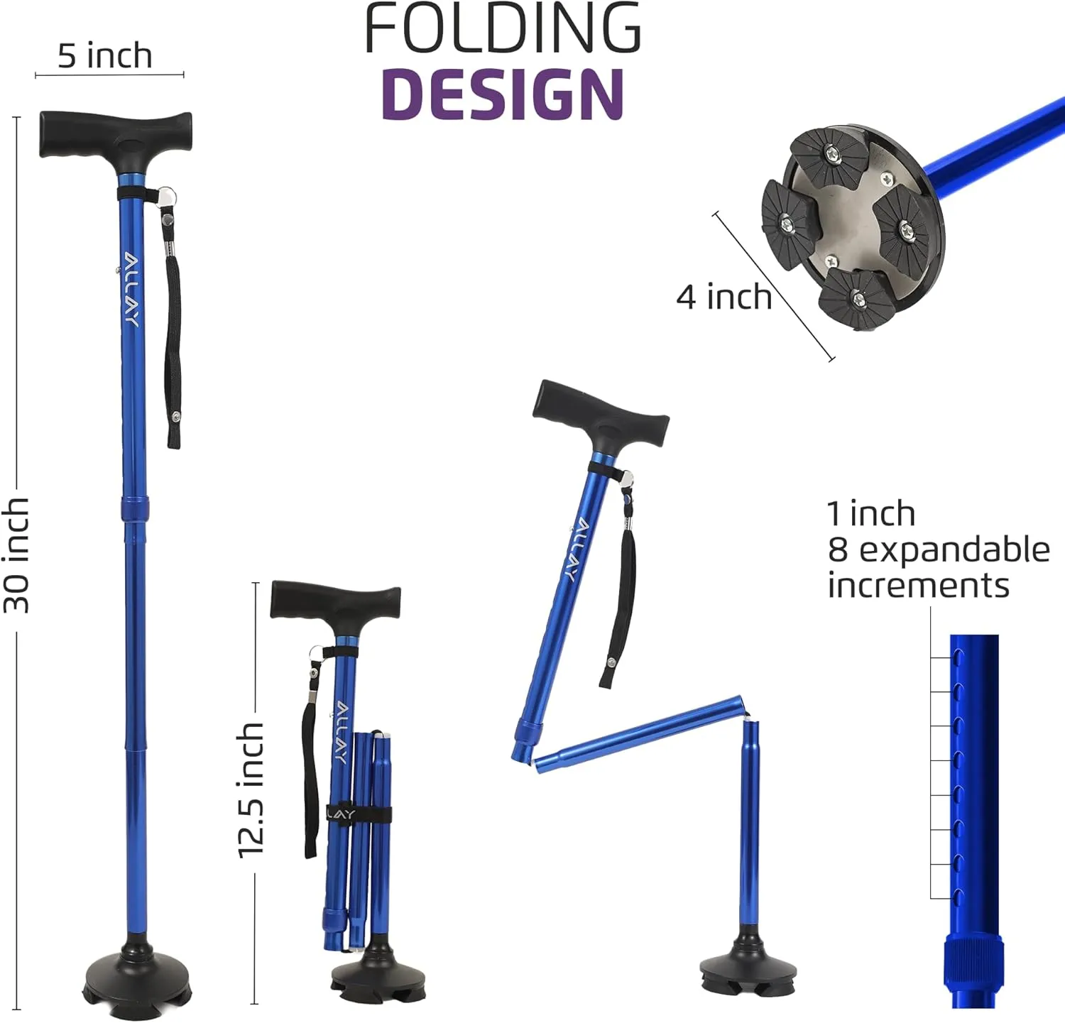 Allay Walking Cane for Men & Women - Foldable, Adjustable, Collapsible Walking Canes for Seniors Balance, Free Standing, Pivot Tip, Heavy Duty, with Travel Bag | Walking Sticks for Seniors & Adults
