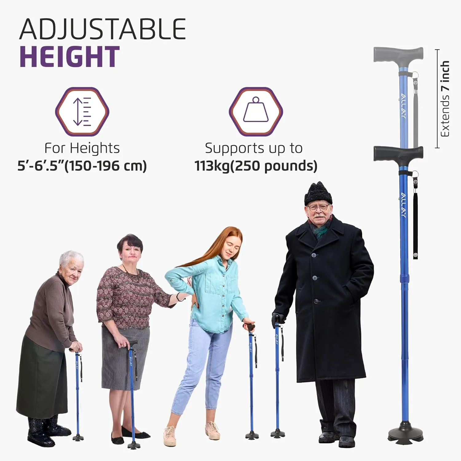 Allay Walking Cane for Men & Women - Foldable, Adjustable, Collapsible Walking Canes for Seniors Balance, Free Standing, Pivot Tip, Heavy Duty, with Travel Bag | Walking Sticks for Seniors & Adults