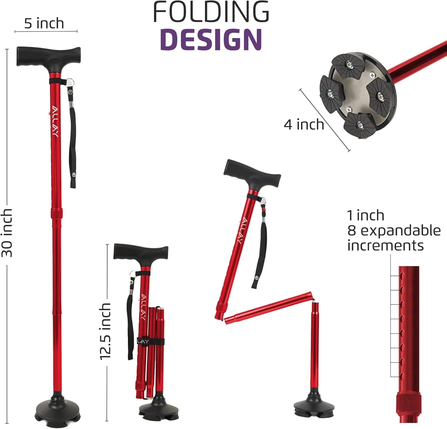 Allay Walking Cane for Men & Women - Foldable, Adjustable, Collapsible Walking Canes for Seniors Balance, Free Standing, Pivot Tip, Heavy Duty, with Travel Bag | Walking Sticks for Seniors & Adults
