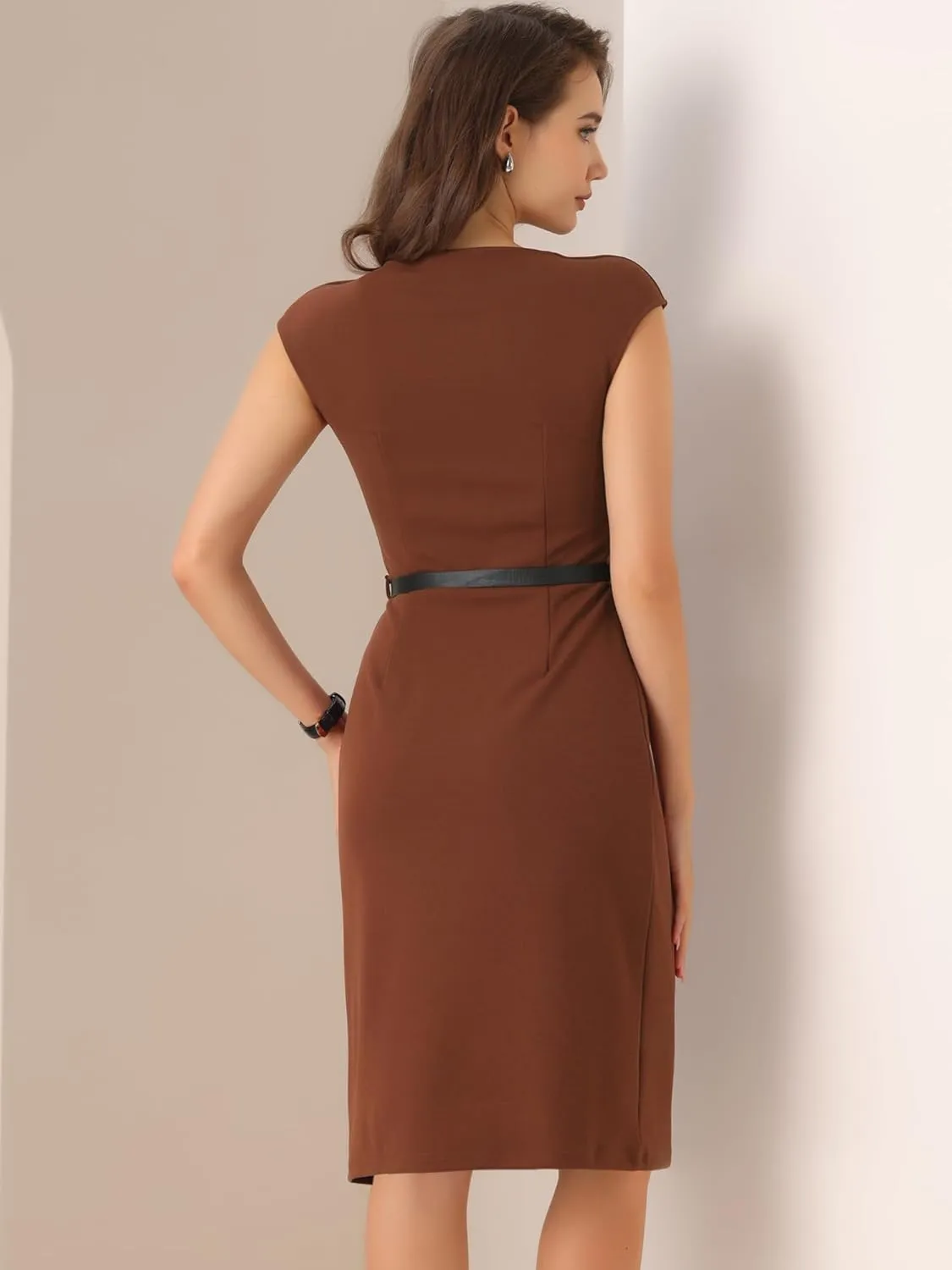 Allegra K Elegant Business Dress for Women's Cap Sleeve Belted Work Sheath Dresses