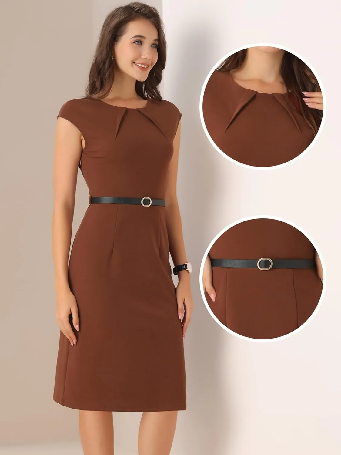 Allegra K Elegant Business Dress for Women's Cap Sleeve Belted Work Sheath Dresses