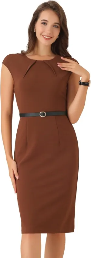 Allegra K Elegant Business Dress for Women's Cap Sleeve Belted Work Sheath Dresses