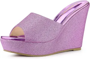 Allegra K Women's Glitter Platform Slip on Wedge Heels Sandals