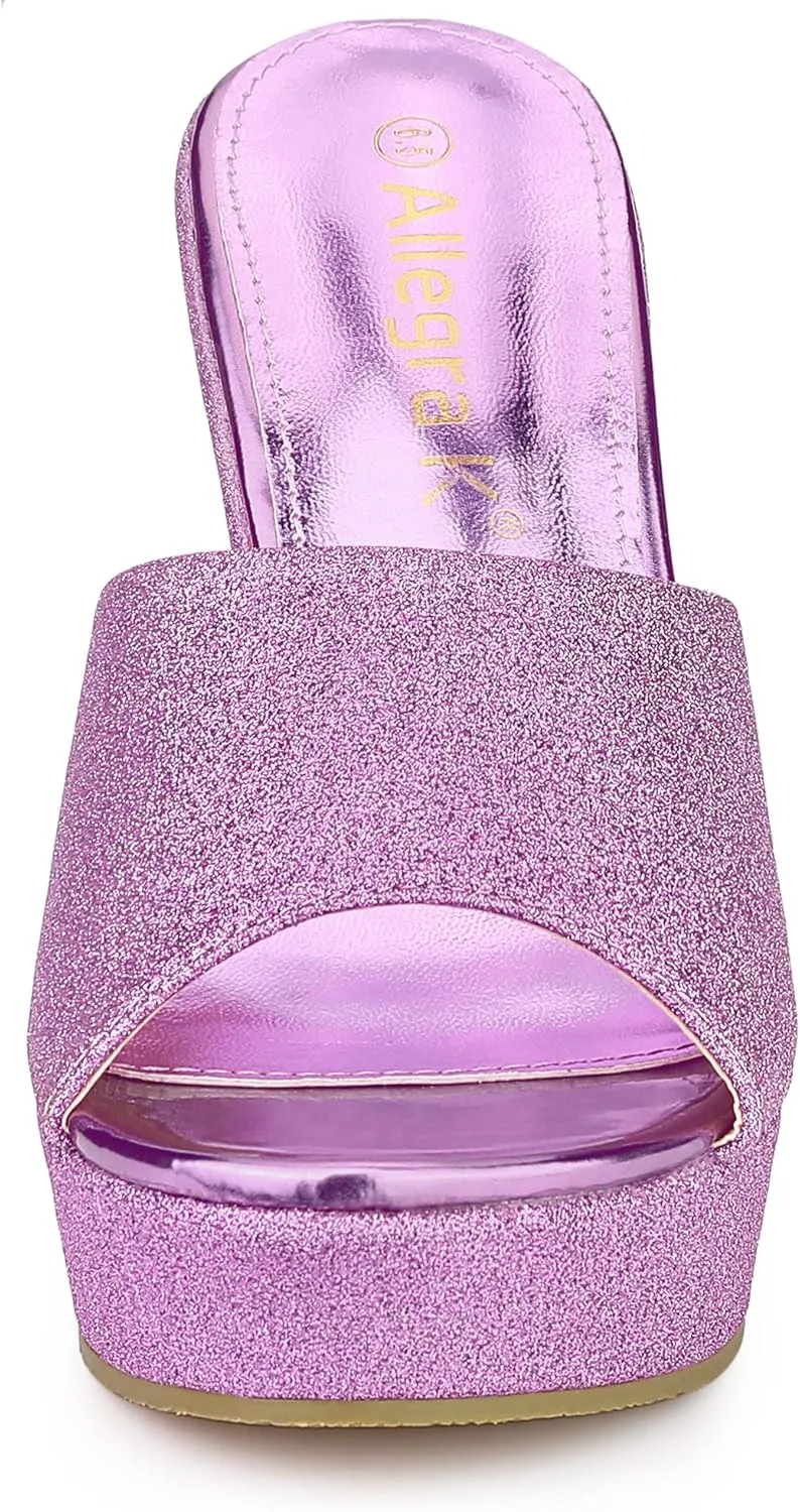 Allegra K Women's Glitter Platform Slip on Wedge Heels Sandals