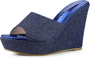 Allegra K Women's Glitter Platform Slip on Wedge Heels Sandals