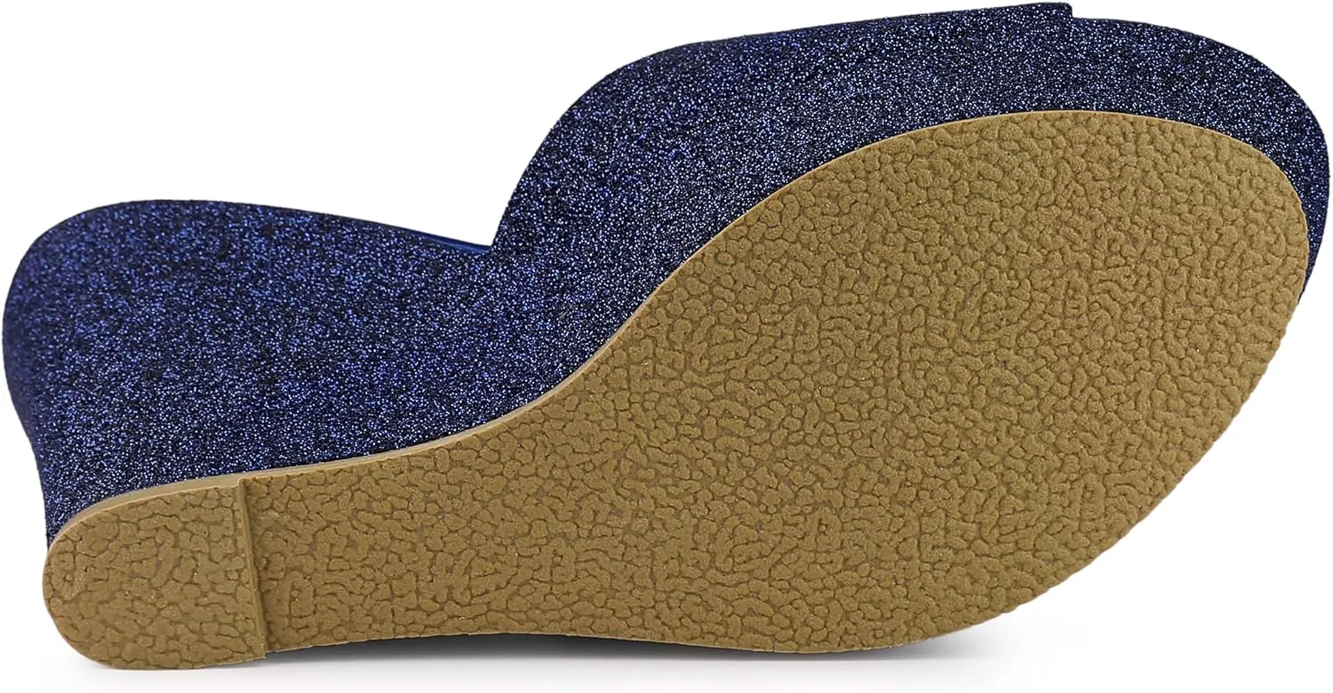 Allegra K Women's Glitter Platform Slip on Wedge Heels Sandals