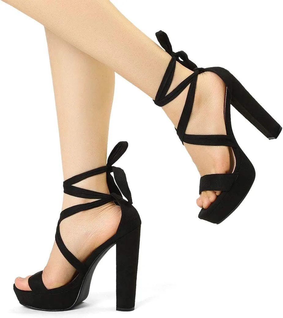 Allegra K Women's Lace Up Platform Block Heel Sandals