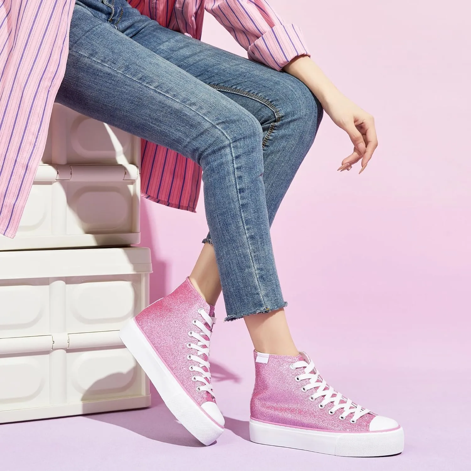 ALTOCIS Glitter Platform Fashion Sneakers,Sparkly Bling Mid Calf Sneaker for Women,Cute Comfortable Platform High Top Sneakers