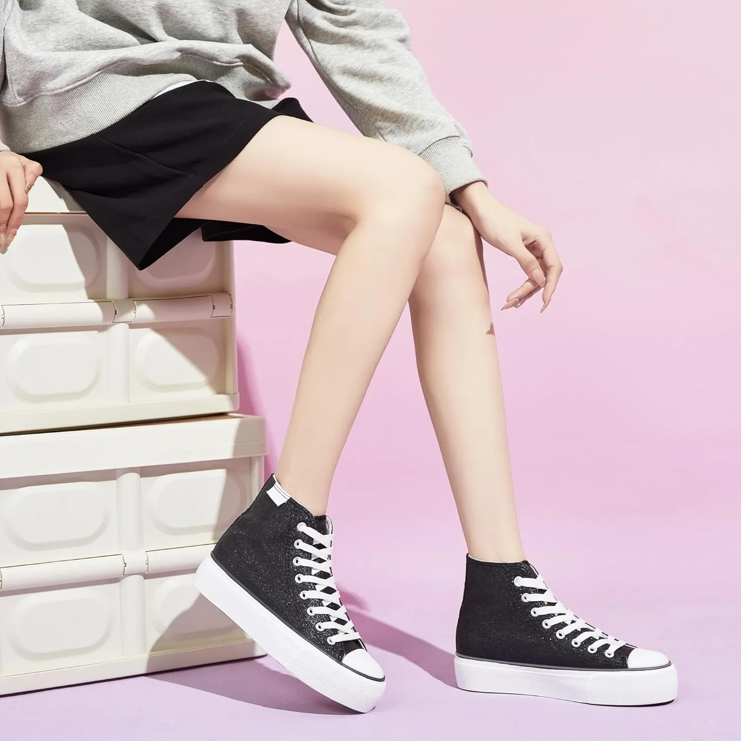 ALTOCIS Glitter Platform Fashion Sneakers,Sparkly Bling Mid Calf Sneaker for Women,Cute Comfortable Platform High Top Sneakers