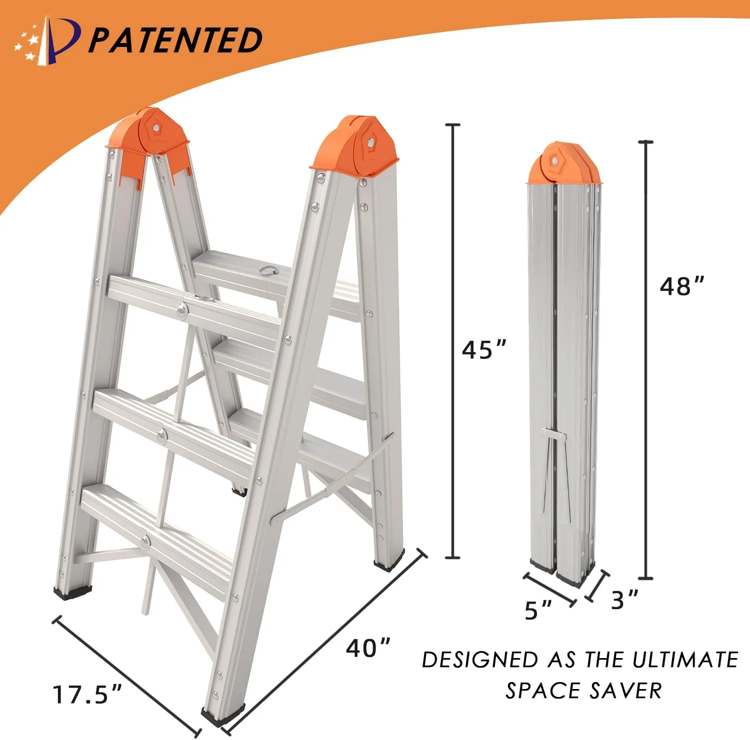 Aluminum Foldable Twin Front Collapsible A Frame 3-Step Ladder, Compact Step Stool with Wide Anti-Slip Pedal, EN131, 330lb Capacity