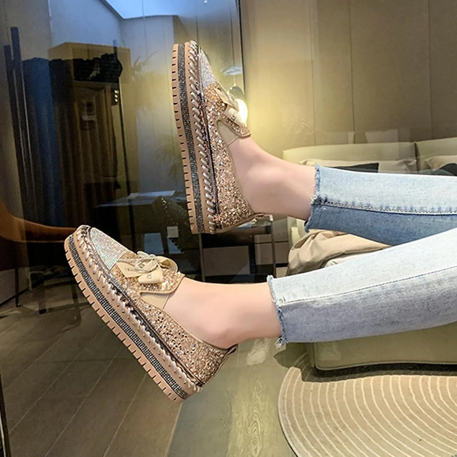 AMAZIDEAL Women's Rhinestones Glitter Bow Platform Loafers,Fashion Casual Slip-On Sequin Shiny Sneaker,Comfort Low Top Increase Height Walking Shoes