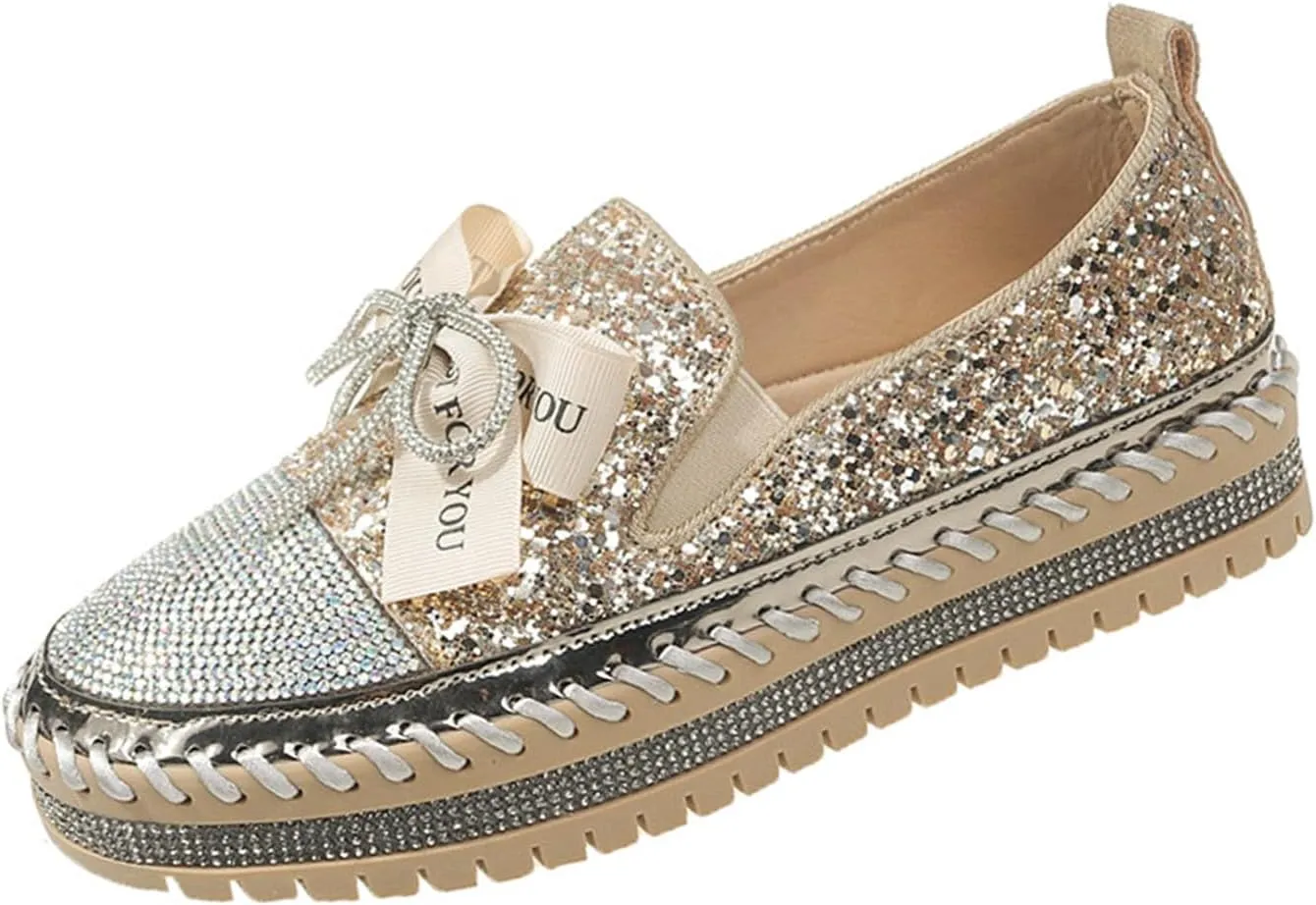 AMAZIDEAL Women's Rhinestones Glitter Bow Platform Loafers,Fashion Casual Slip-On Sequin Shiny Sneaker,Comfort Low Top Increase Height Walking Shoes