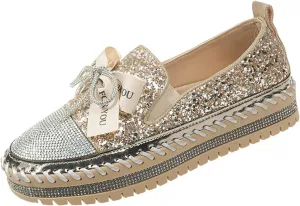 AMAZIDEAL Women's Rhinestones Glitter Bow Platform Loafers,Fashion Casual Slip-On Sequin Shiny Sneaker,Comfort Low Top Increase Height Walking Shoes