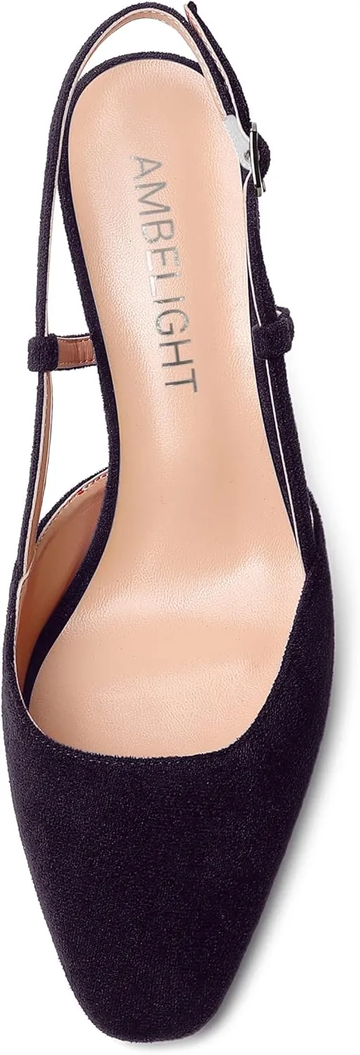 AMBELIGHT Womens Cute Office Square Toe Slingback Slip On Suede Kitten High Heel Pumps Shoes 2.5 Inch